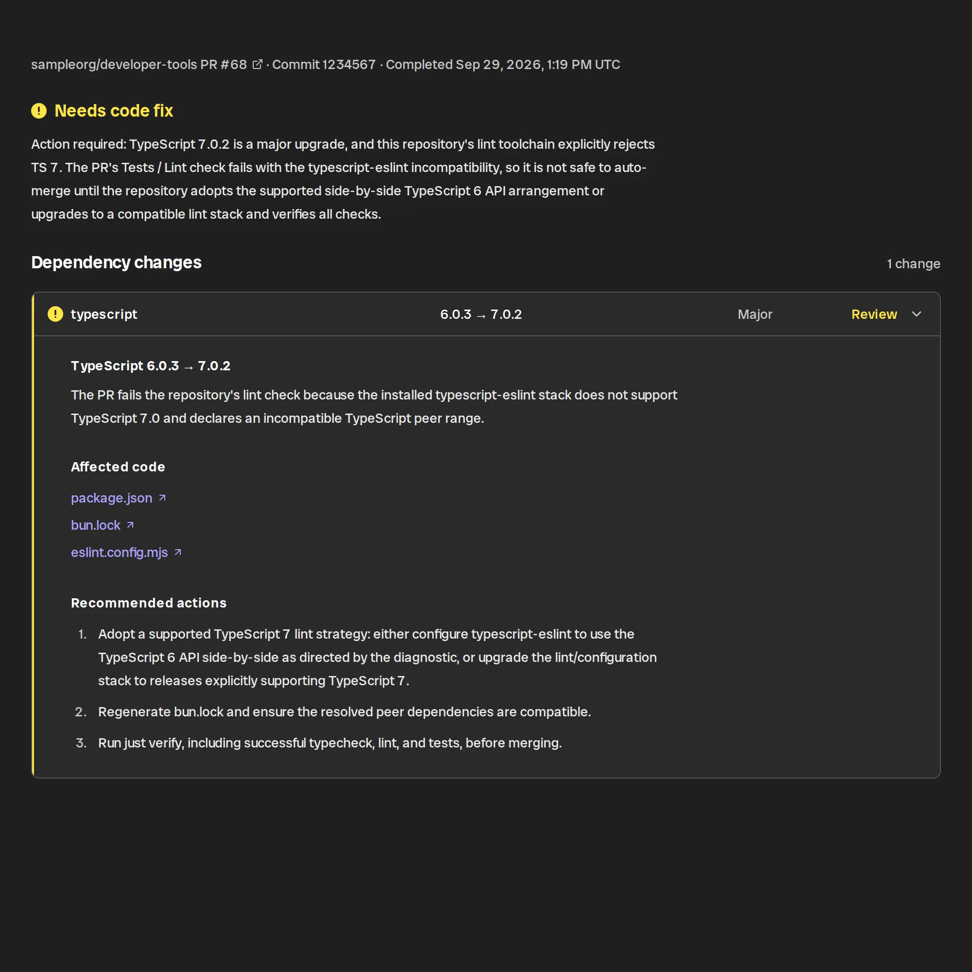 A PatchWave analysis of a TypeScript major update that needs a code fix.