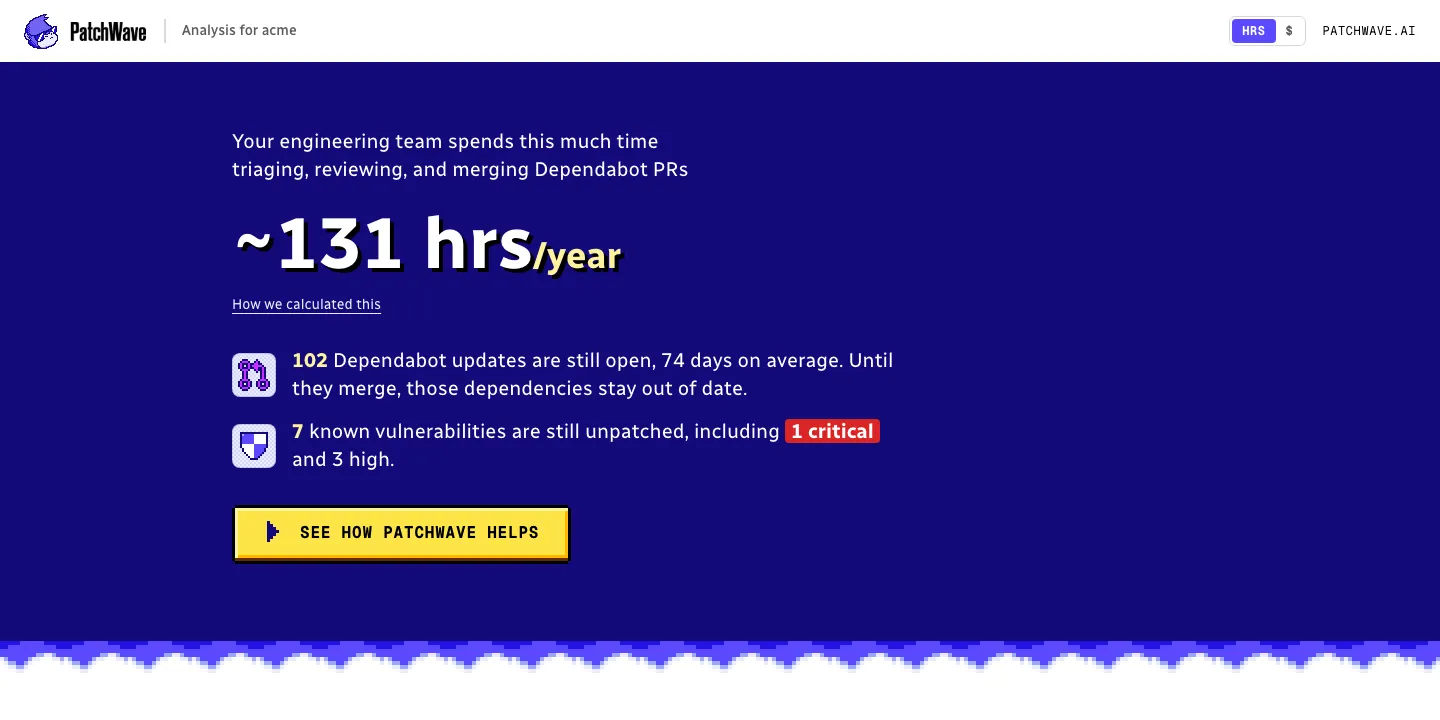 A sample checkup report for an org called acme: about 131 engineering hours a year on Dependabot PRs, 102 updates still open for 74 days on average, and 7 unpatched vulnerabilities.